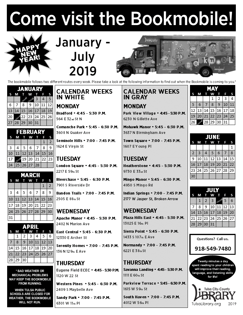 2019 Spring Evening Bookmobile Schedule