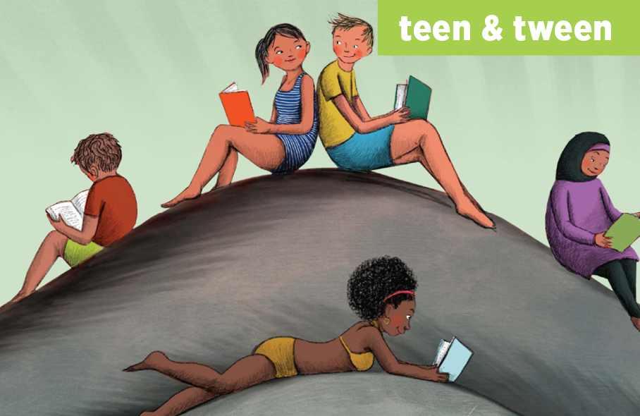 illustrated image of teens in swimwear reading books while sitting on rocks like at a beach