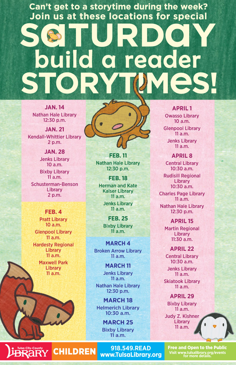 Saturday Storytimes calendar for Jan thru April 2023