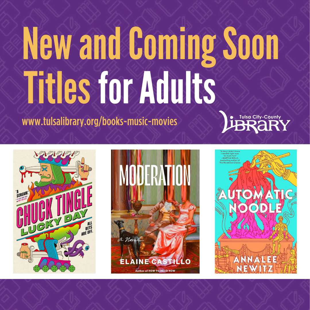 Purple graphic with yellow text, reading: "New and Coming Soon Titles for Adults"