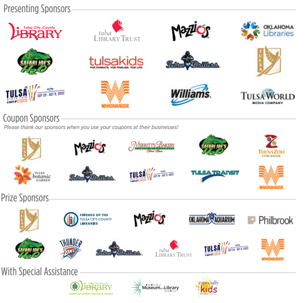 Image of logos of sponsors for TCCL's Summer Reading Program events, prizes, coupons, and special assistance.