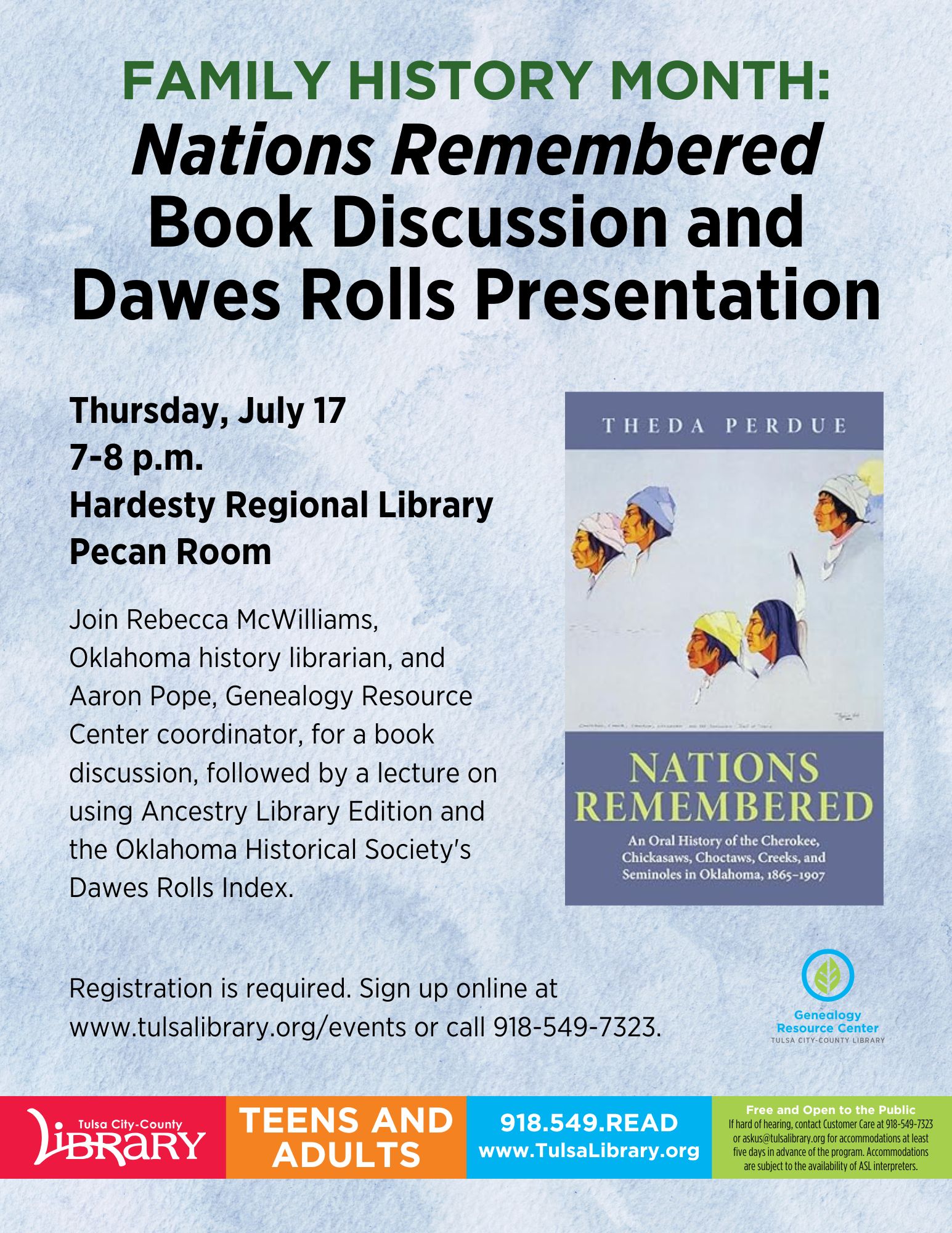 Nations Remembered Book Discussion and Dawes Roll Presentation at the Hardesty Regional Library on Thursday, July 17th at 7pm in the Pecan Room of Hardesty