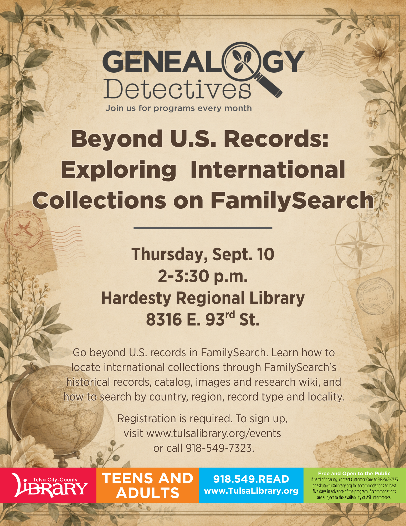 Thursday September 10th Beyond U.S. Records: Exploring International Collections to Family Search at the Hardesty Regional Library
