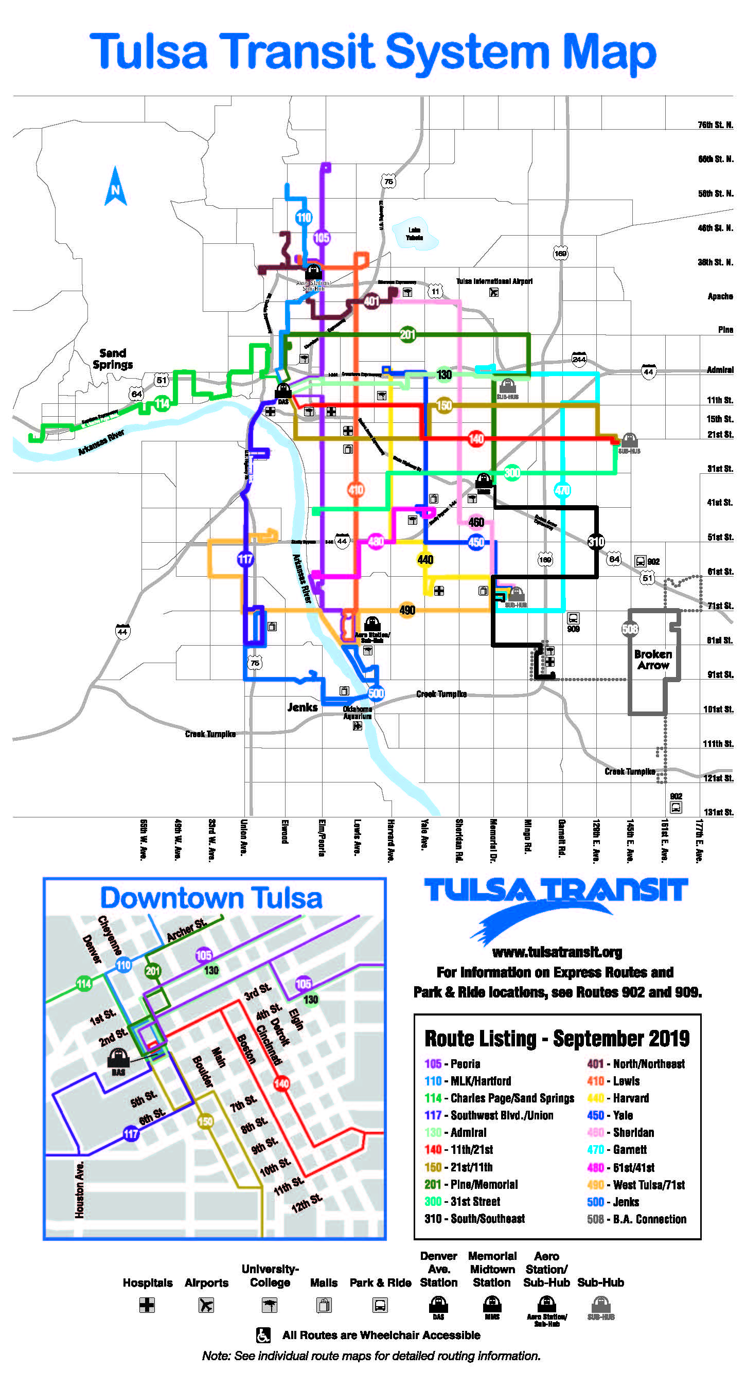 Tulsa Transit system map as of September 2019