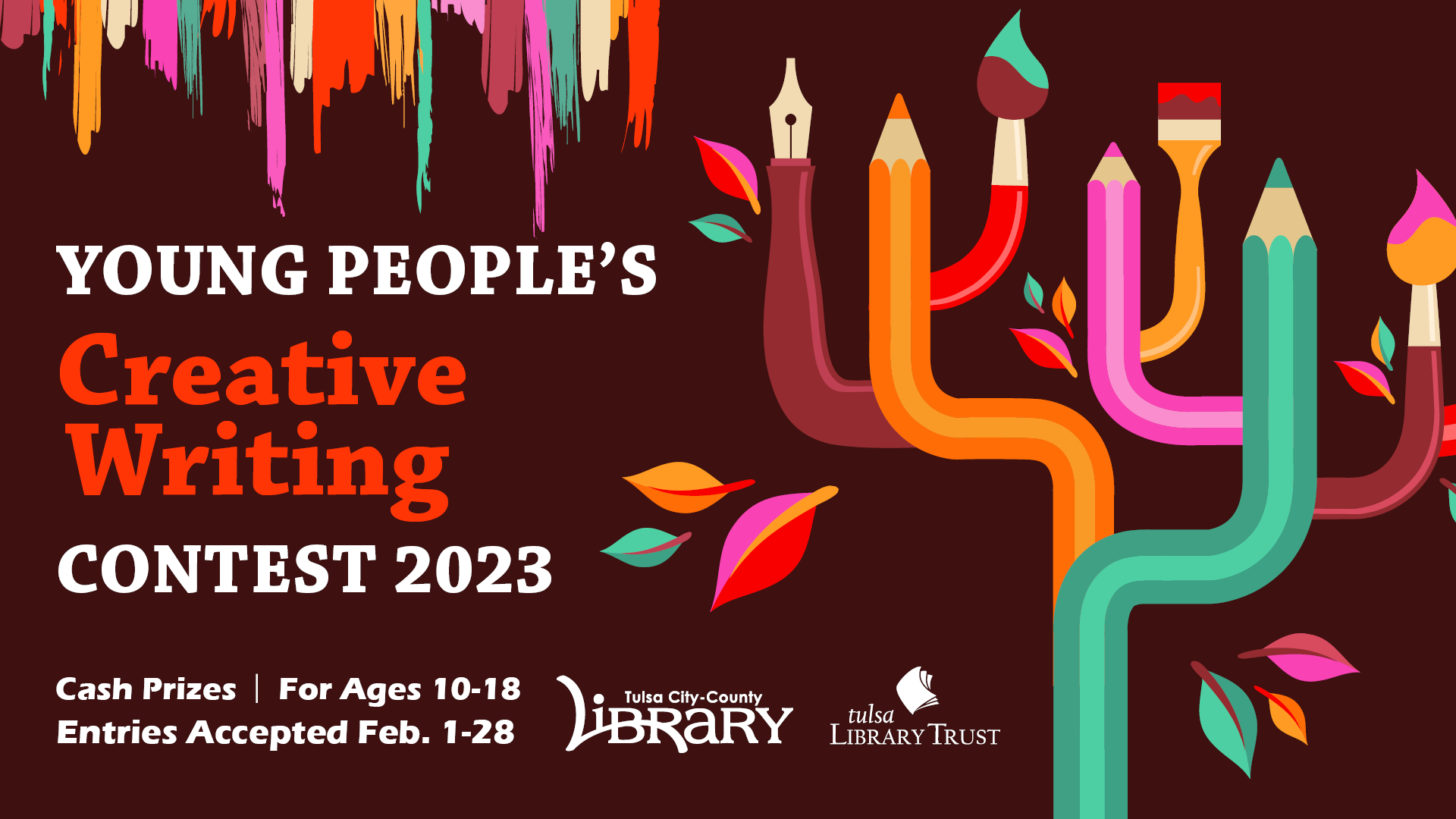 2023 Young People's Creative Writing Contest promotional graphic - a tree made of art tools on a dark red background