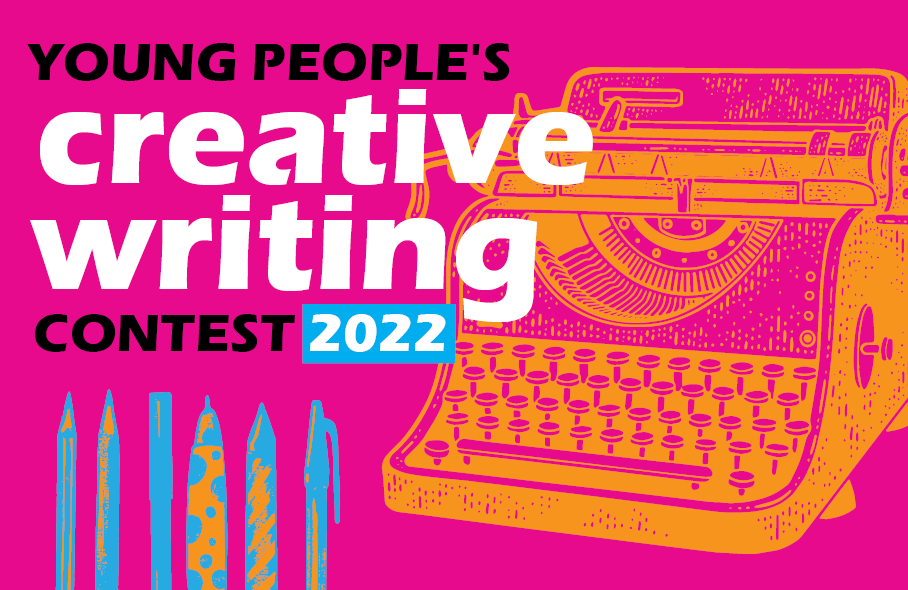 2022 Young People's Creative Writing Contest promotional graphic - orange typewriter on hot pink background, with text that labels the contest