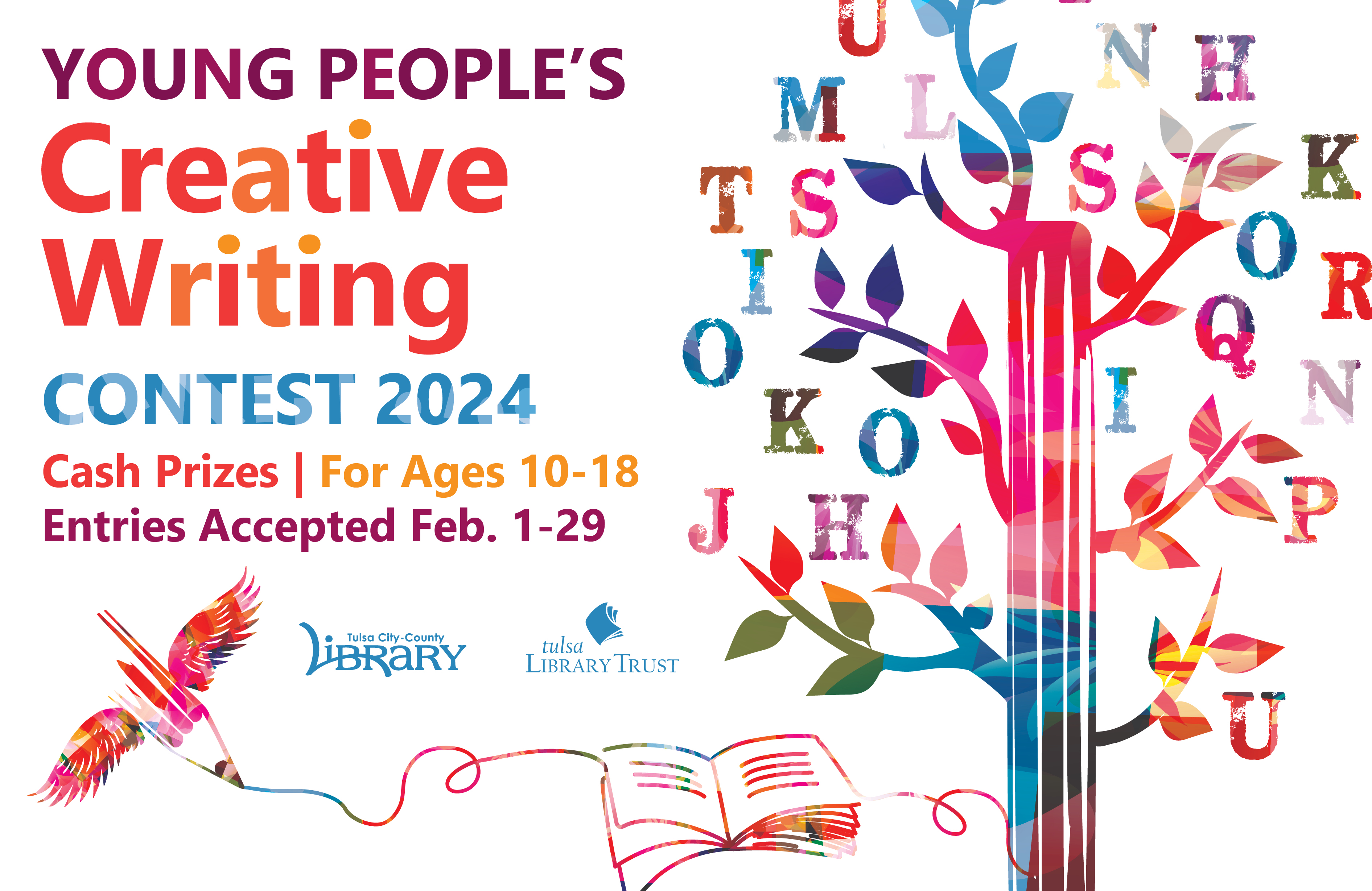 Young People's Creative Writing Contest Banner Image, white with multicolored tree, bird, and book