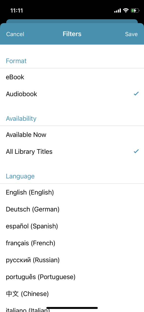 CloudLibrary Apple audiobook filter screenshot