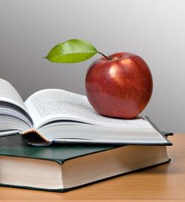 Apple sitting on an open book