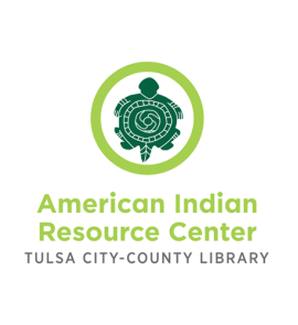 TCCL American Indian Resource Center logo. Illustration of a dark green turtle in a light green circle with the words "American Indian Resource Center: Tulsa City-County Library" underneath.