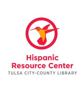 TCCL Hispanic Resource Center logo. Illustration of a red and yellow hummingbird in a red circle with the words "Hispanic Resource Center: Tulsa City-County Library" underneath. 