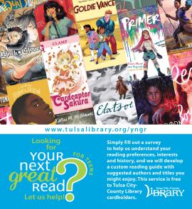 Ad for TCCL service Your Next Great Read for Teens, showing thumbnail images of covers of recent young adult books