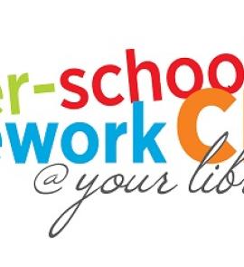logo for Afterschool Homework Club, with text that reads "after-school homework club at your library" in bright colors